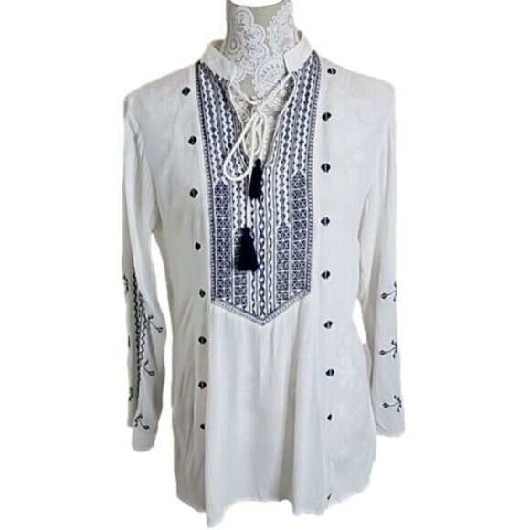 Indian Tropical Fashion boho white tunic top embroidery Tassels, Women's Small - Picture 1 of 5